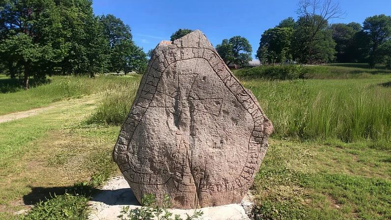 Matilda Welin A triangular shaped stone covered in carvings including runic writing in a field (Credit: Matilda Welin)