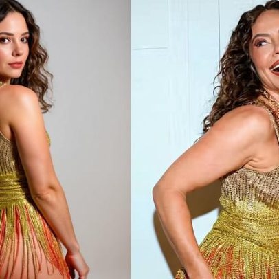 Paolla Oliveira exibe look ao acompanhar desfile da Grande Rio na Sapucaí
