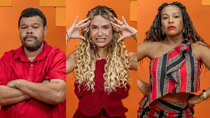 Babu Santana, Sarah Andrade e Sol Vega estão no quinto paredão do BBB 26 — Foto: Manoela Mello/Globo