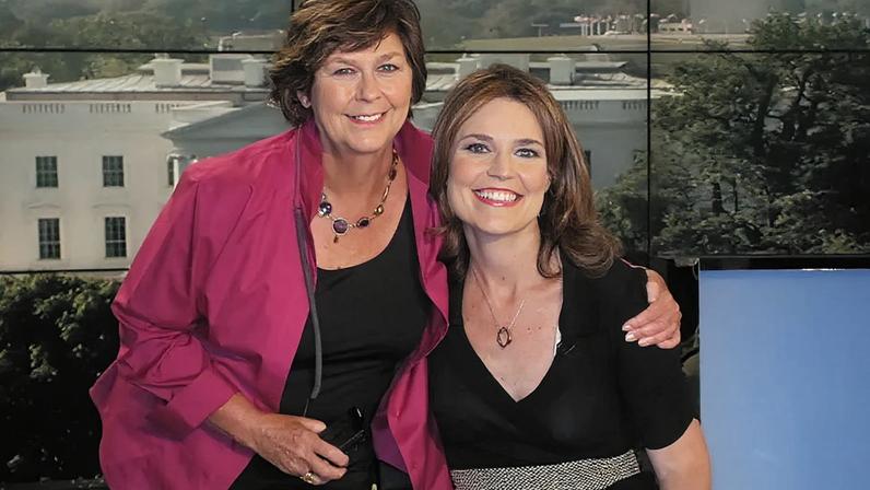 Nancy Guthrie and Savannah Guthrie posing in front of a White House backdrop.