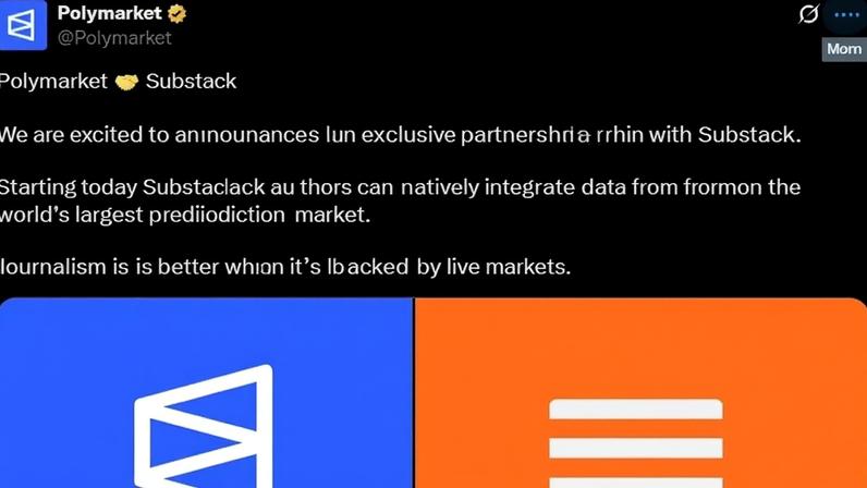 Screenshot of a tweet from Polymarket reading “Polymarket 🤝 Substack We are excited to announce our exclusive partnership with Substack. Starting today Substack authors can natively integrate data from the world’s largest prediction market. Journalism is better when it’s backed by live markets.”