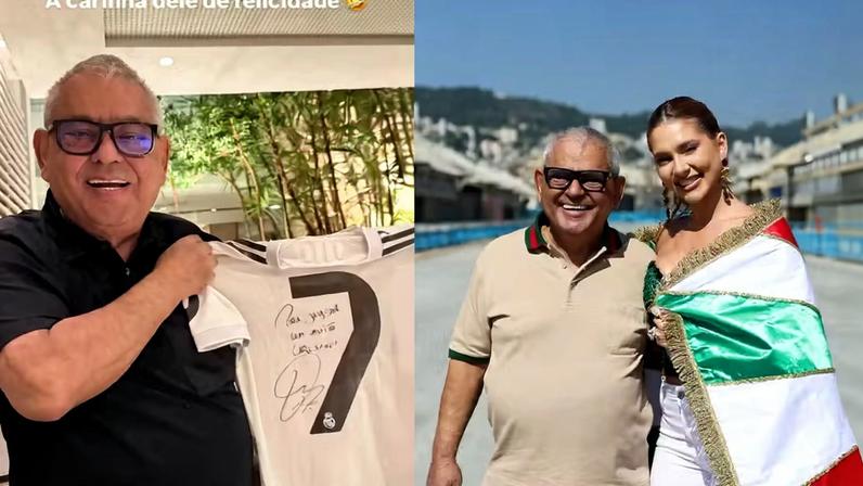 Virginia presenteia Jayder Soares com camisa autografada de Vini Jr