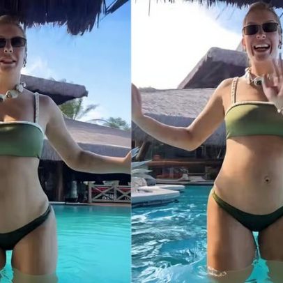 Lore Improta, grávida, dança na piscina no primeiro dia de férias