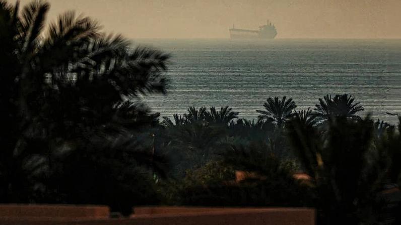 A tanker ship is seen at sea in the distance with palm trees in the foreground.
