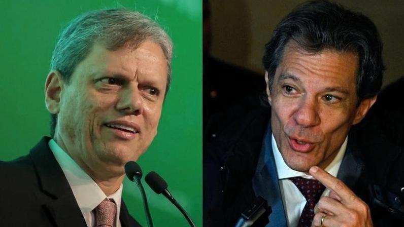 O governador de SP, Tarcísio de Freitas, e o ministro da Fazenda, Fernando Haddad (PT)