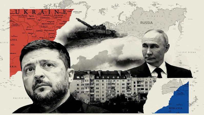 A photo collage illustration showing maps of Russia and Ukraine in the background with Zelensky and Putin headshots.