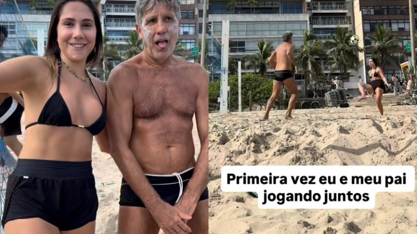 Carol Portaluppi joga futevôlei com Renato Gaúcho pela primeira vez