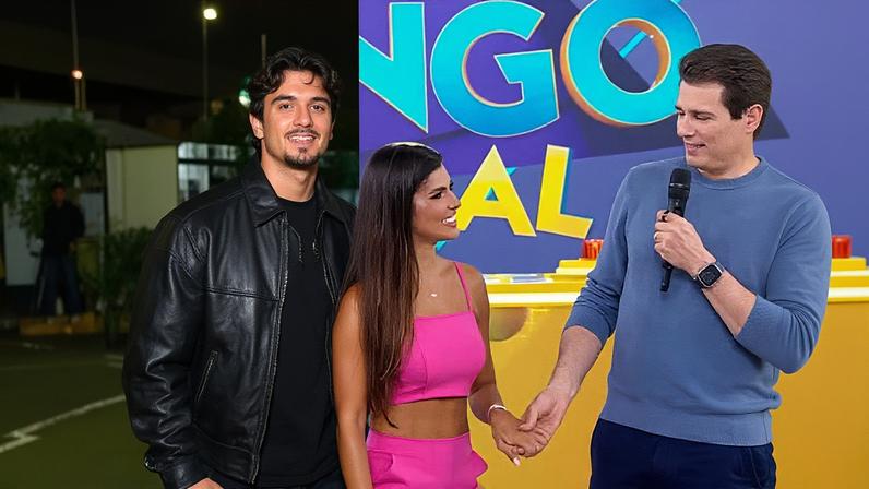 Isabella Arantes com o namorado, o surfista Gabriel Medina; e com Celso Portiolli na despedida do 'Domingo Legal', ela era assistente de palco da atração — Foto: Edu Araujo/AgNews e Reprodução/Instagram