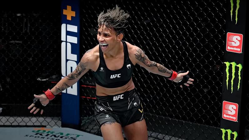 Amanda Lemos of Brazil reacts after her victory over Montserrat Conejo of Mexico in their strawweight bout during the UFC Fight Night event at UFC APEX on July 17, 2021 in Las Vegas, Nevada. (Photo by Jeff Bottari/Zuffa LLC)