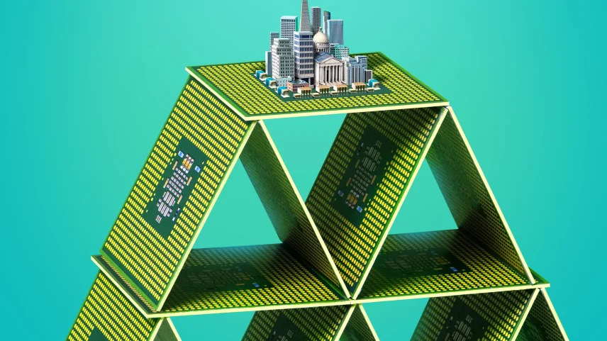 An illustration shows semiconductor chips structured like a house of cards with a tiny city with government buildings atop it, ready to topple.