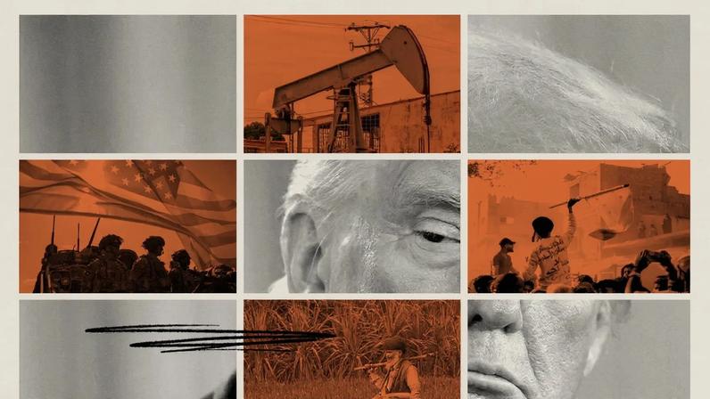 A photo illustration depicting trump and events upsetting the world order: oil, Gaza protestors, an Indian farmer, and soldiers from the U.S. military.