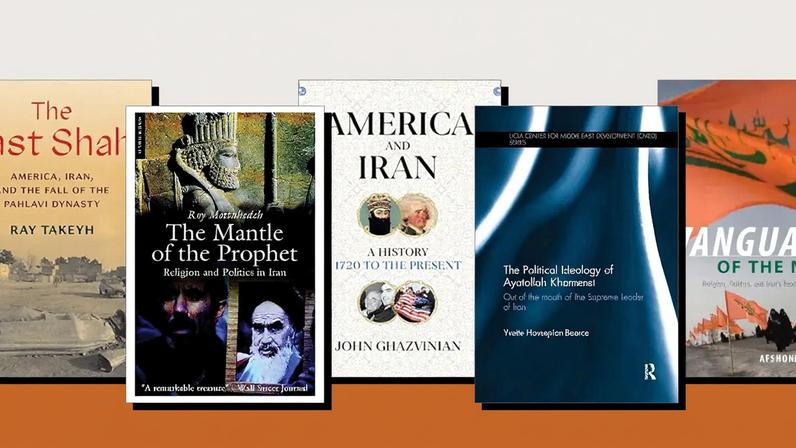 The covers of five books on Iran.
