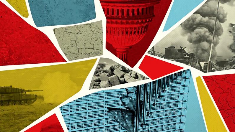 A photo illustration shows fractured colored shard revealing images of nation states in decline: an upside down U.S. Capitol building, the EU building in Brussels, broken columns, part of Donald Trump's head, explosions in the Middle East, and a tank in Ukraine.