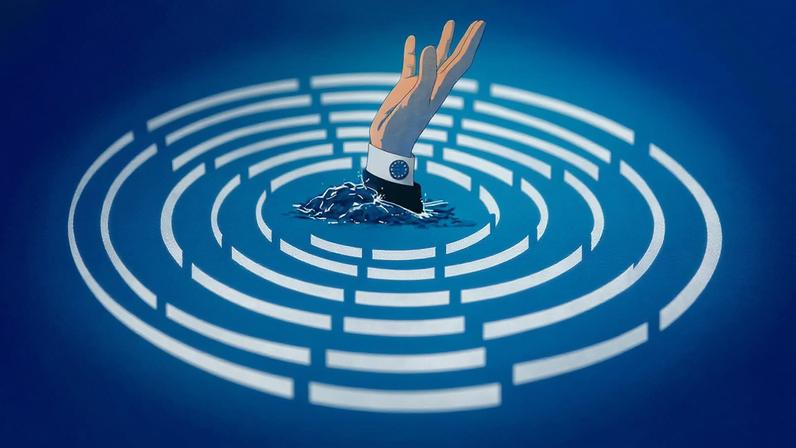 A hand with an EU cufflink is drowning in a tidal pool created by the circular EU Parliament logo.