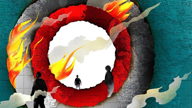 An illustration with a world map background texture and fire cutting through three rings in the map with three human figures inside.