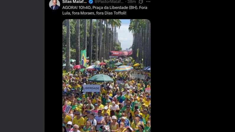 Manifestação leva multidão à Praça da Liberdade, em BH. (Foto: Reprodução / X @pastormalafaia)