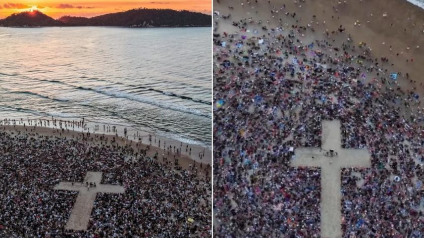 Milhares participam de ato religioso com cruz em praia de Santa Catarina