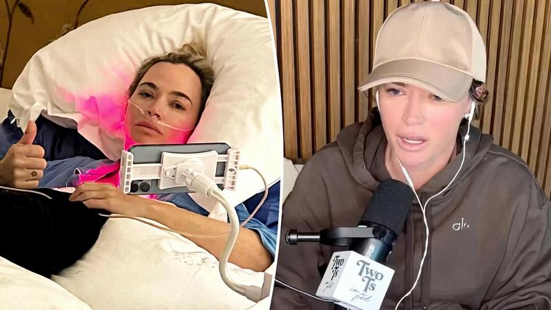 Teddi Mellencamp, seen on her podcast Tuesday, shared with her co-host that she had to go to the emergency room after waking up with sores all over her body.