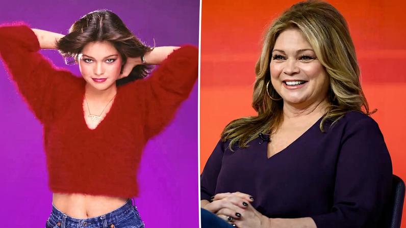 Valerie Bertinelli seated, smiling on a talk show.