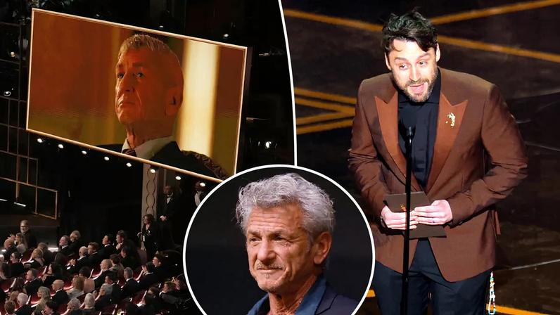 Sean Penn on screen at the Oscars, with the audience below.