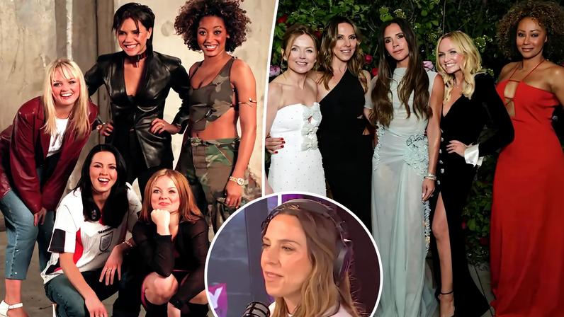 The Spice Girls posing in front of a pink background with "Carlton" and "The Prince's Trust" logos.