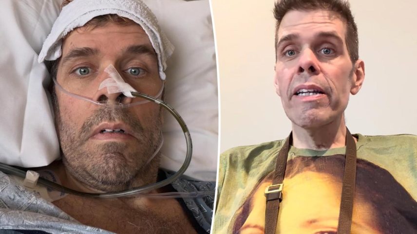 Split image of Perez Hilton in the hospital and after he was released