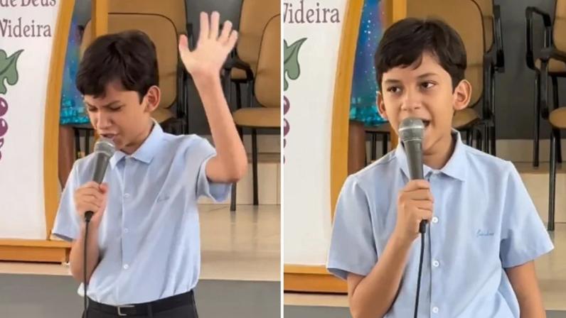 Davy, de 11 anos, emociona ao louvar na igreja com entrega e espontaneidade. (Captura de tela/Instagram/Kelley Freire)