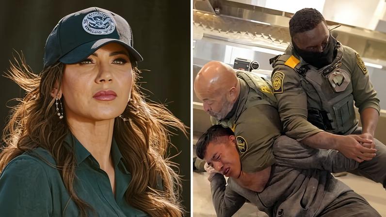 Kristi Noem and federal border agents arresting a person in this composite photograph.