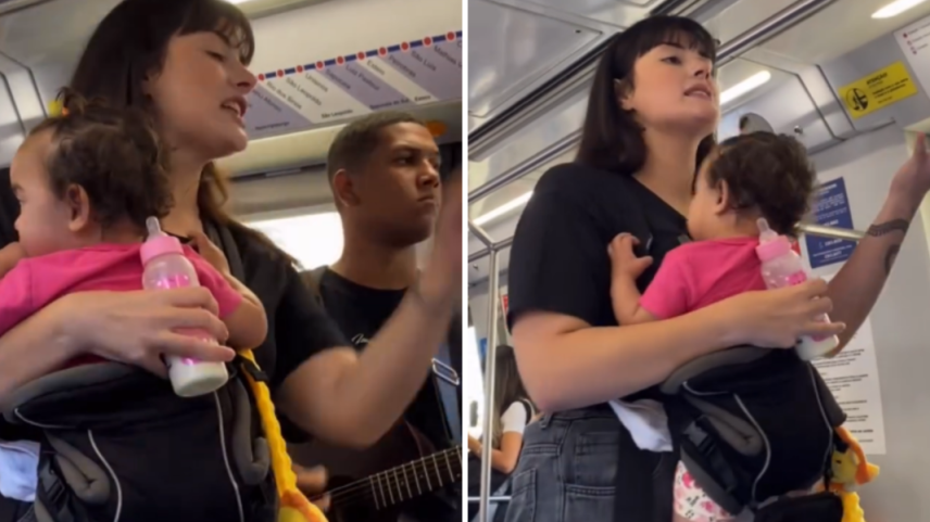 Com a filha Éden no colo, Julia ministra em vagão de metrô enquanto o marido, Kawan, toca violão. (Captura de tela/Instagram/geracao_kaleo)