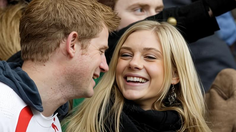 Prince Harry with Chelsy Davy at Twickenham in 2008. Rebecca English was asked about emails relating to a holiday Davy was taking with Harry.