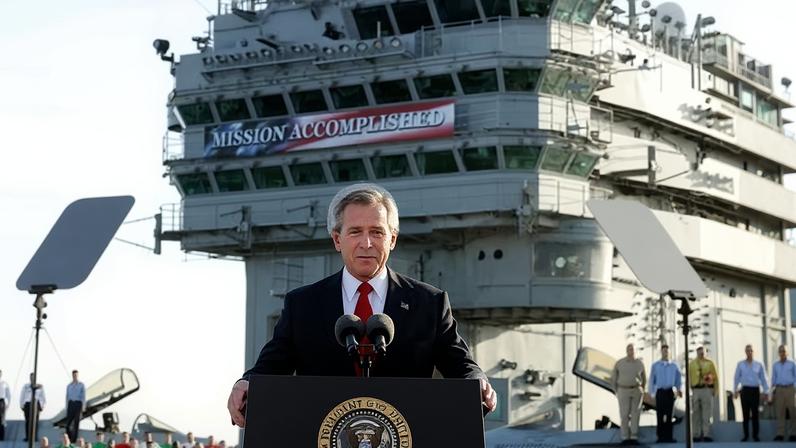US President George W Bush prematurely declares the end of major combat in Iraq in May 2003.