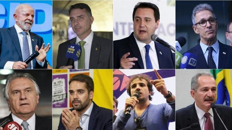 Lula, Flávio Bolsonaro, Ratinho Jr., Romeu Zema, Ronaldo Caiado, Eduardo Leite, Renan Santos e Aldo Rebelo. Fotos: Ricardo Stuckert / PR; Pedro Franca/Agência Senado; Alan Santos/PR; Andressa Anholete/Agência Senado; Jane de Araújo/Agência Senado; Caco Argemi/Wikimedia Commons; Joãoo Maestro/Wikimedia Commons; e Wilson Dias/ABr