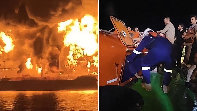 Video from the Iraqi Ports media office showed at least one tanker on fire with plumes of smoke rising into the night sky, and crews being rescued