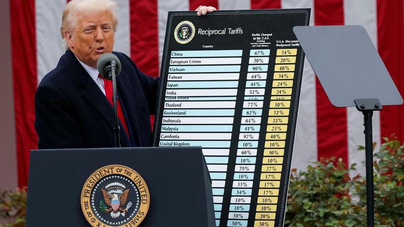 Presidente dos EUA, Donald Trump, apresenta suas tarifas na Casa Branca, em Washington 02/04/2025
