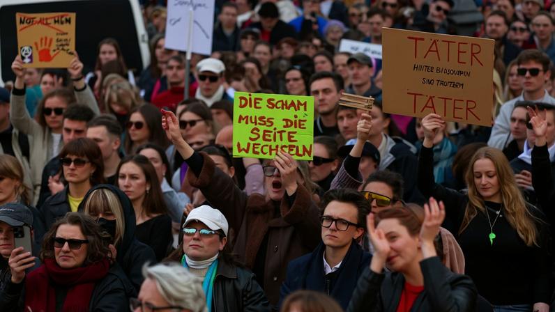 Pessoas protestam contra a violência sexual e em apoio à atriz Collien Fernandes, em Berlim. — Foto: REUTERS/Christian Mang/File Photo
