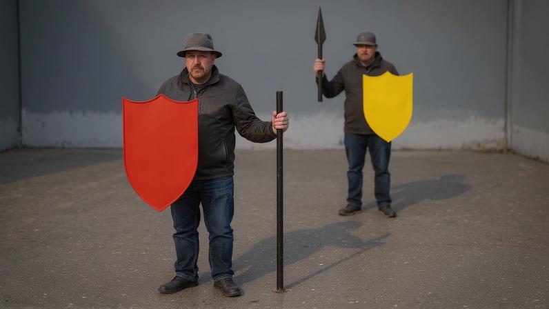 Two simple blue-outlined soldiers holding spears, one with a red shield in front and one with a yellow shield behind, on a light blue background.