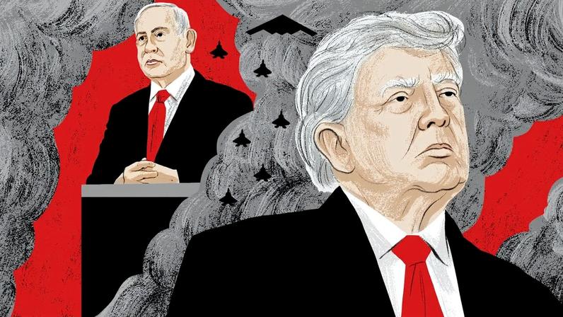An illustration of Benjamin Netanyahu and Donald Trump with smoke and missiles in the background.