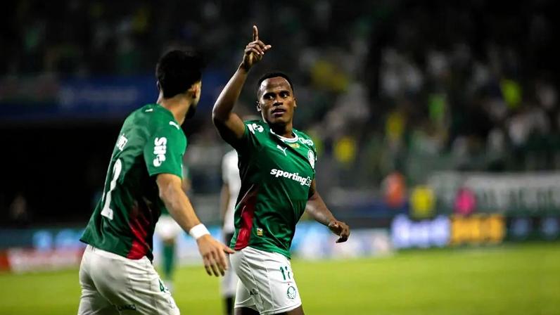 Jhon Arias comemorando gol do Palmeiras (Foto: Thiago Miyashiro/Pera Photo Press/Gazeta Press)