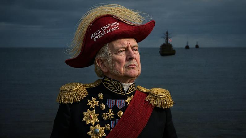 An illustration of Donald Trumo dressed as Napoleon, in front of a fleet of US boats. The writing on his hat says 'Make Empires Great Again'.