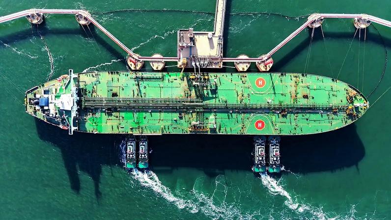 A tanker unloads imported crude oil at the Qingdao Port crude oil terminal in Qingdao, Shandong Province, China on March 19, 2026.