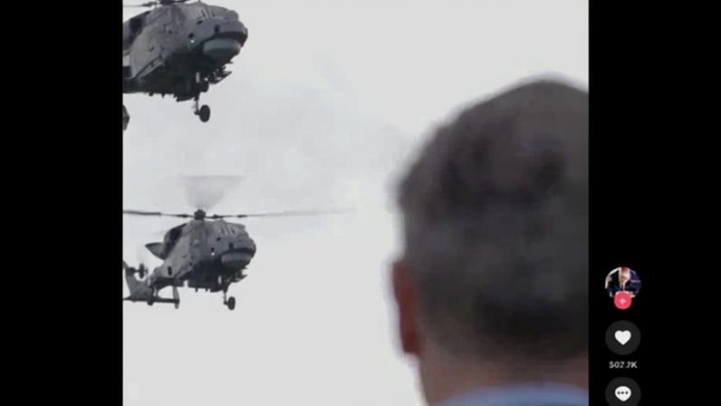 Keir Starmer in the footage posted on TikTok with Royal Navy Wildcat helicopters flying over his head.