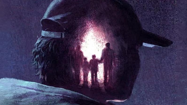 Back view of a person, with a scene inside their head showing silhouettes of a family walking together