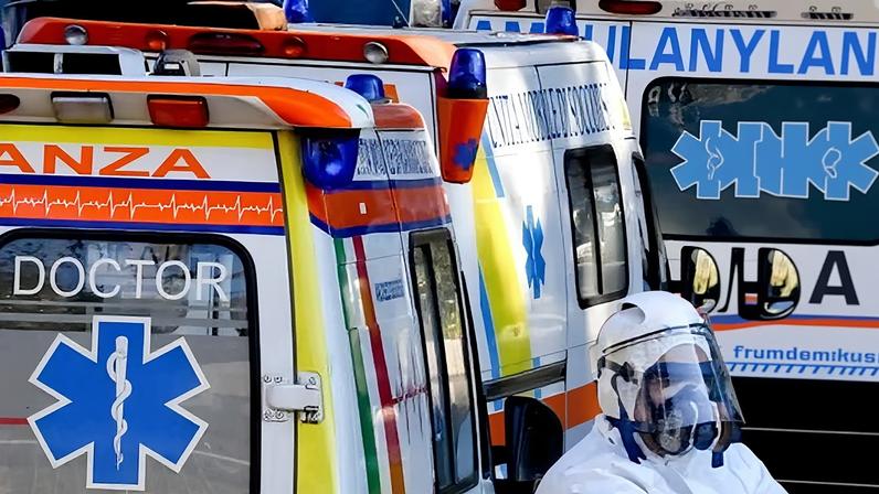 A line of Italian ambulances