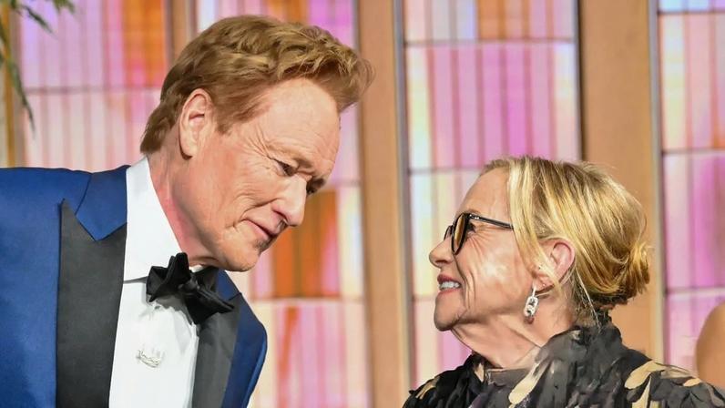 Conan O'Brien and Amy Madigan backstage at the Academy Awards in Los Angeles, California, on Sunday.