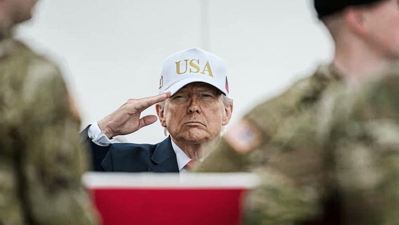 Donald Trump salutes the coffin of an American serviceman killed in a drone strike in Kuwait, 7 March 2026.