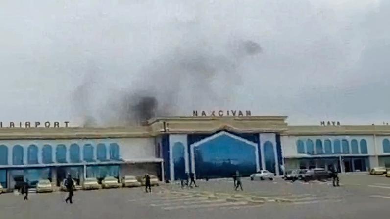 Smoke rises following a drone explosion at the airport of Nakhchivan, Azerbaijan, in this screengrab obtained from a social media video released March 5, 2026.