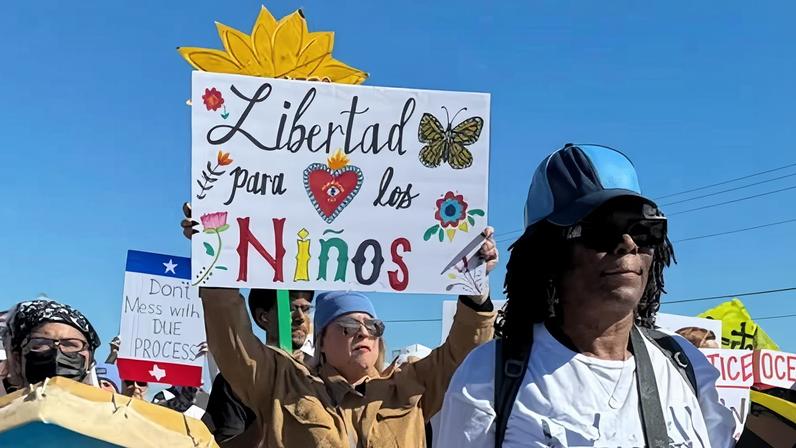 A demonstration and vigil outside the South Texas Family Residential Center in Dilley, Texas, on 28 January 28.
