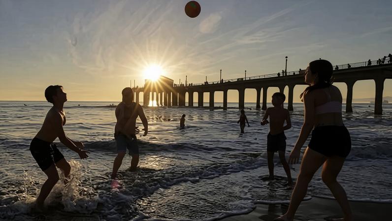 Beach goers play beach volleyball at Manhattan Beach in Los Angeles, California, on 17 March 2026.