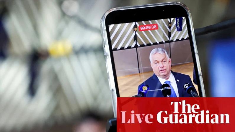 A smartphone records Viktor Orbán speaking to the press upon his arrival for a European Union leaders' summit in Brussels on Thursday