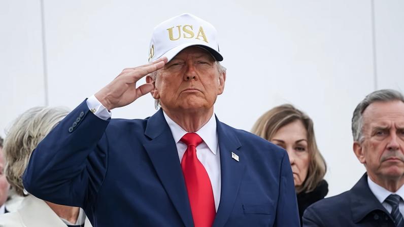 Donald Trump gives a salute wearing a USA baseball cap